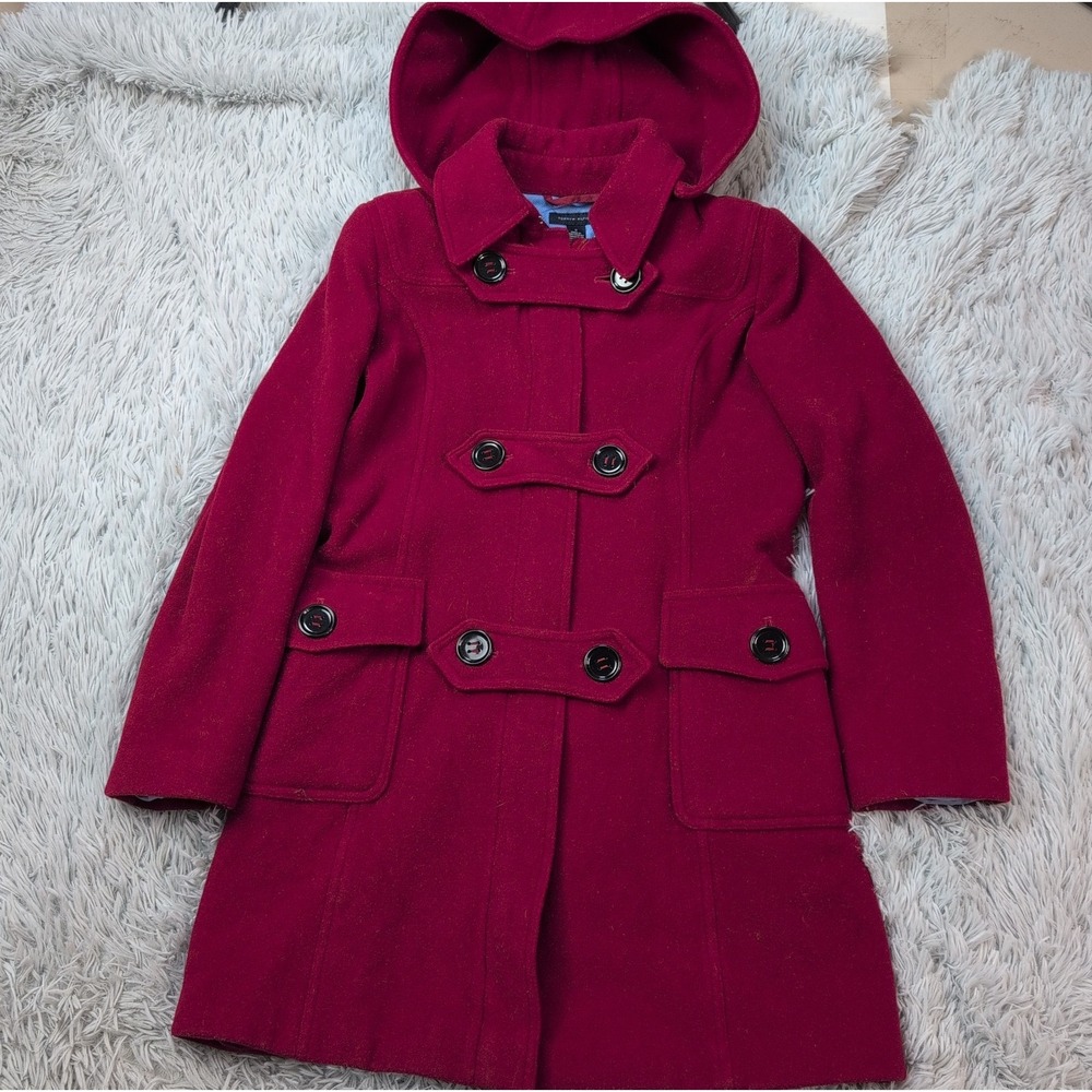 Tommy Hilfiger Jacket Womens 2 Red Coat Wool Blend Zip Up Removable Hood Pockets